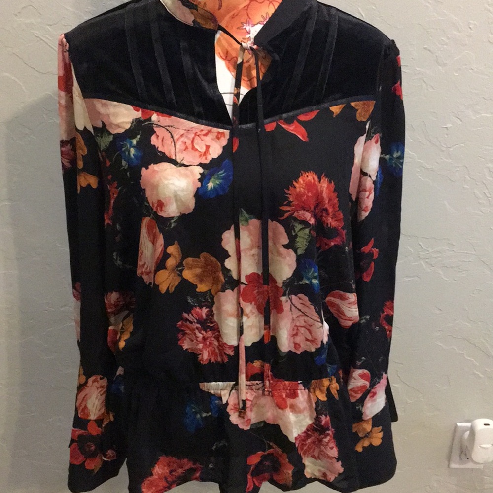 Black floral and velvet blouse with neck tie